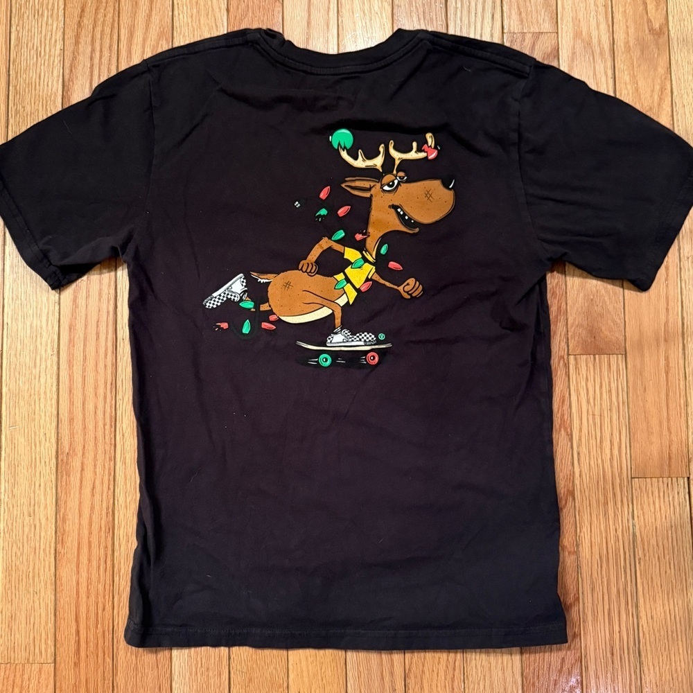 Vans Holiday Black T-Shirt with Skating Christmas Reindeer Graphic